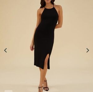 Black slit front midi dress